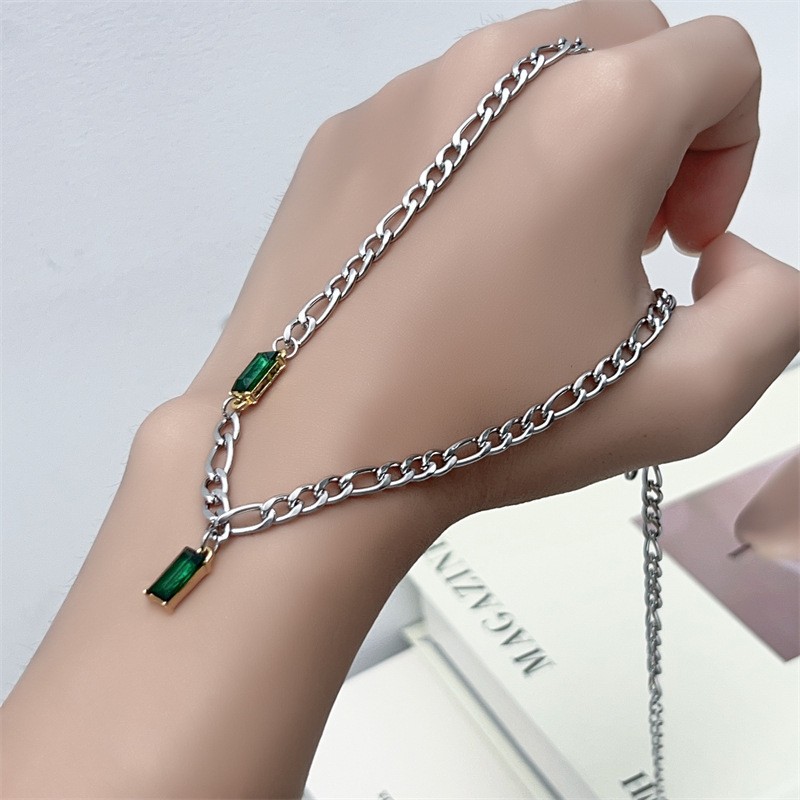 Silver Stainless Steel Figaro Chain Necklace Rectangle Green Zirconia Jewelry