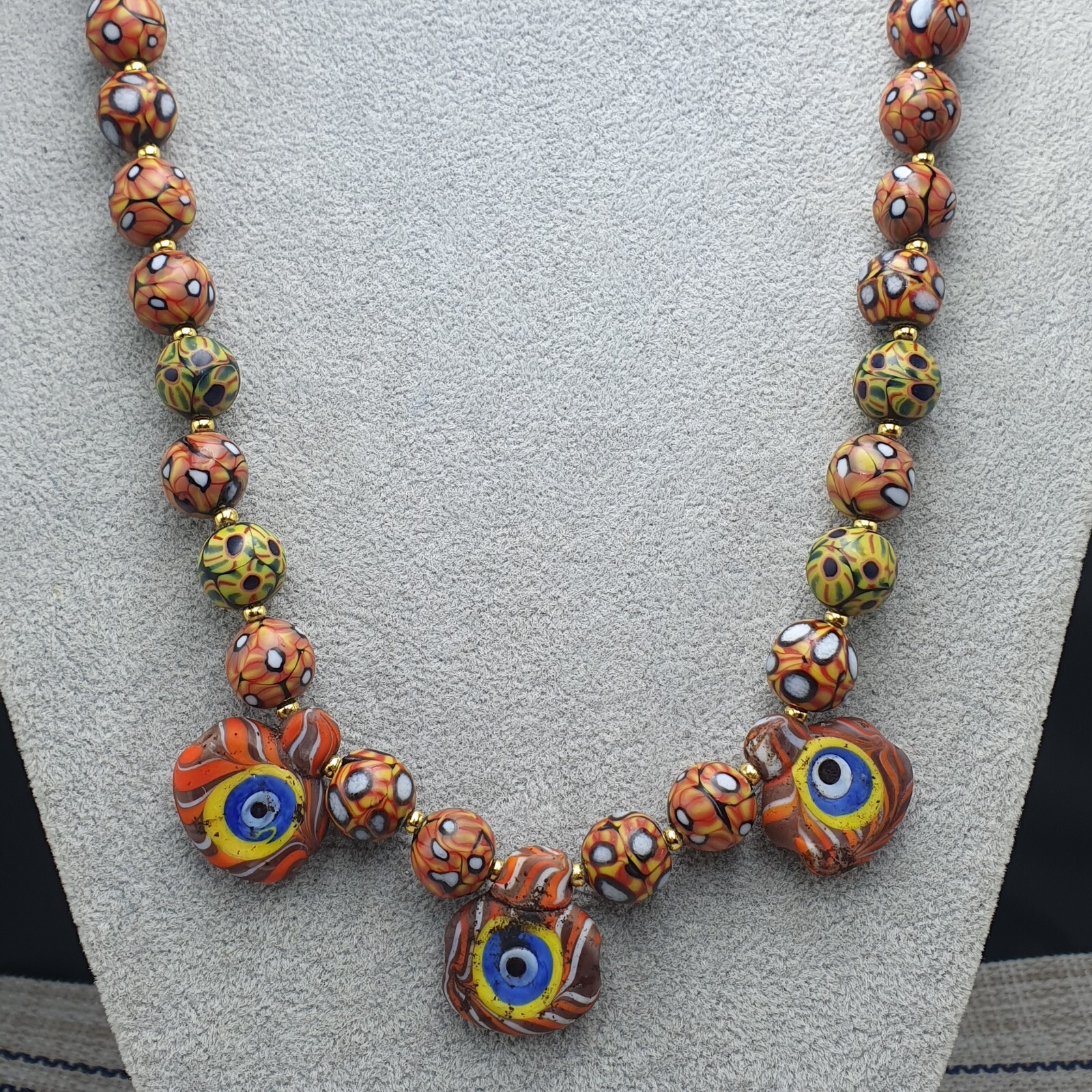 Vintage Venetian Style Eyes Glass with Old 3 Eyes Glass Beaded Necklace