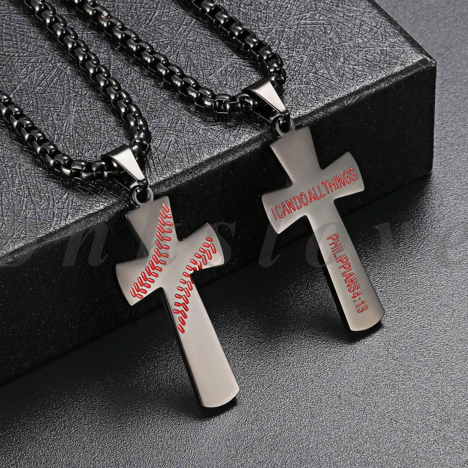 Mens Boys Stainless Steel Baseball Cross Pendant Necklace Bible Verse on Back