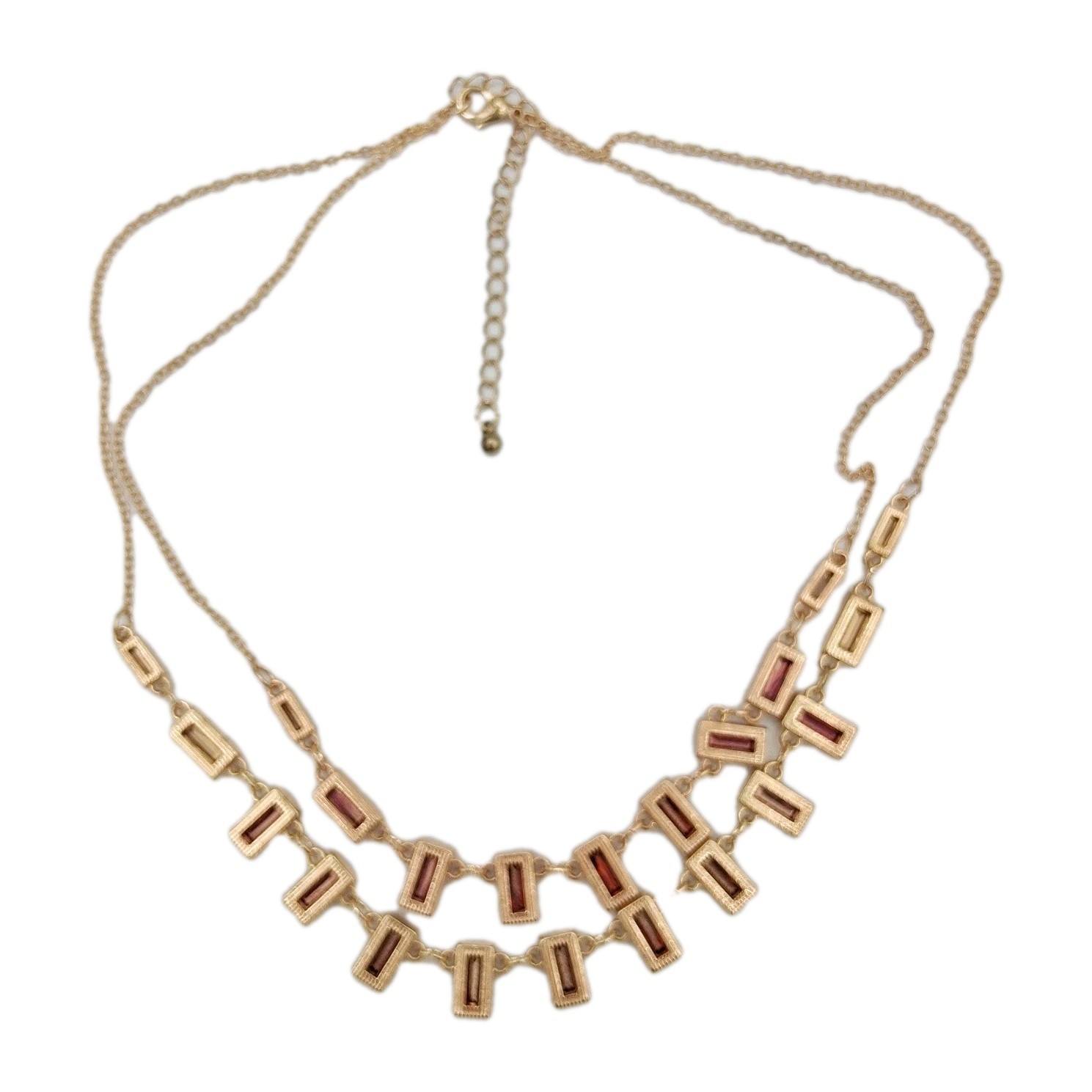 Gold Tone Ombre Red Pink Rhinestone Necklace Emerald Cut Two Strand 16-19″