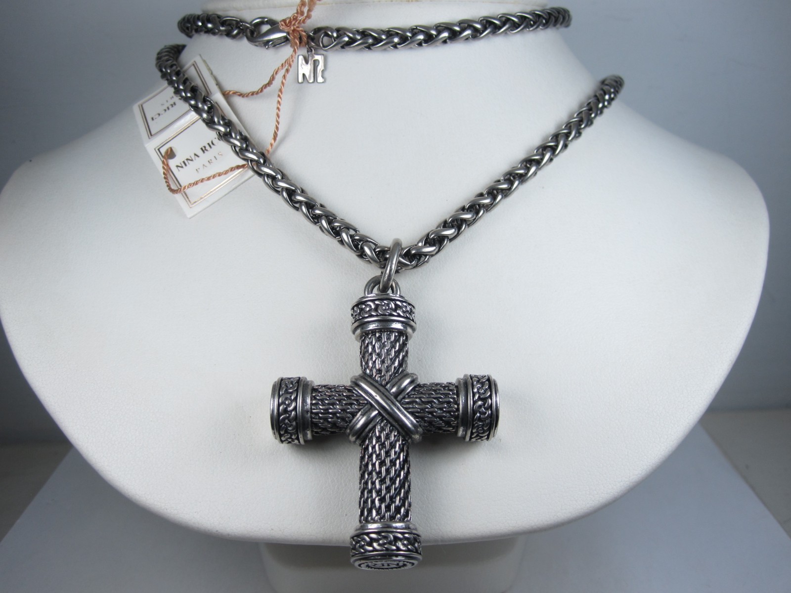 Nina Ricci Rhodium Plated Cross Necklace 30″ – 8781