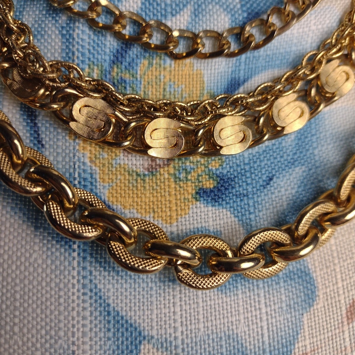 Gold Tone Hoop Closure Four Layer Chain Necklace Various Ornate Chain Styles
