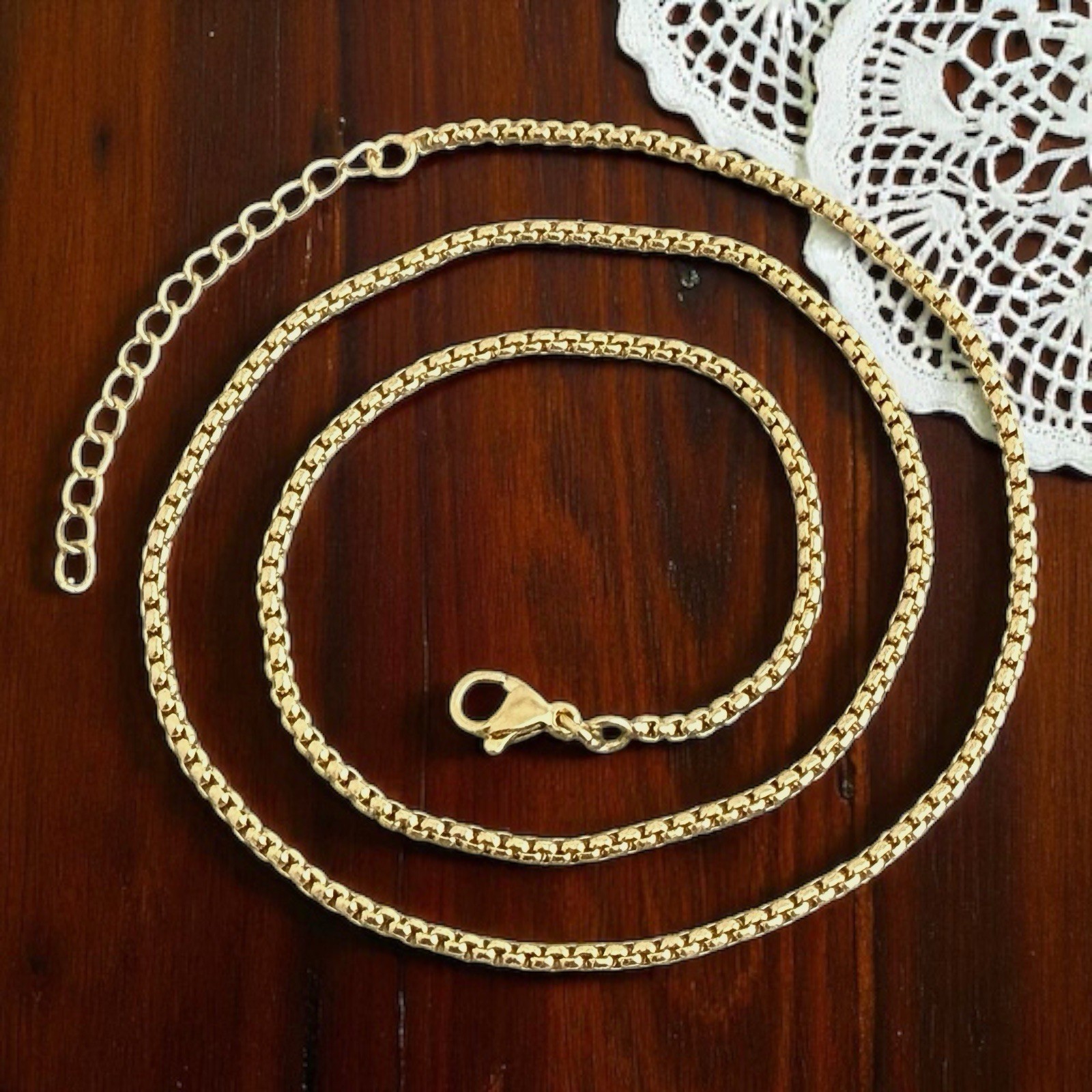 18K Gold Plated Box Chain Necklace 19″ Adjustable Lobster Clasp 2.2mm Dainty