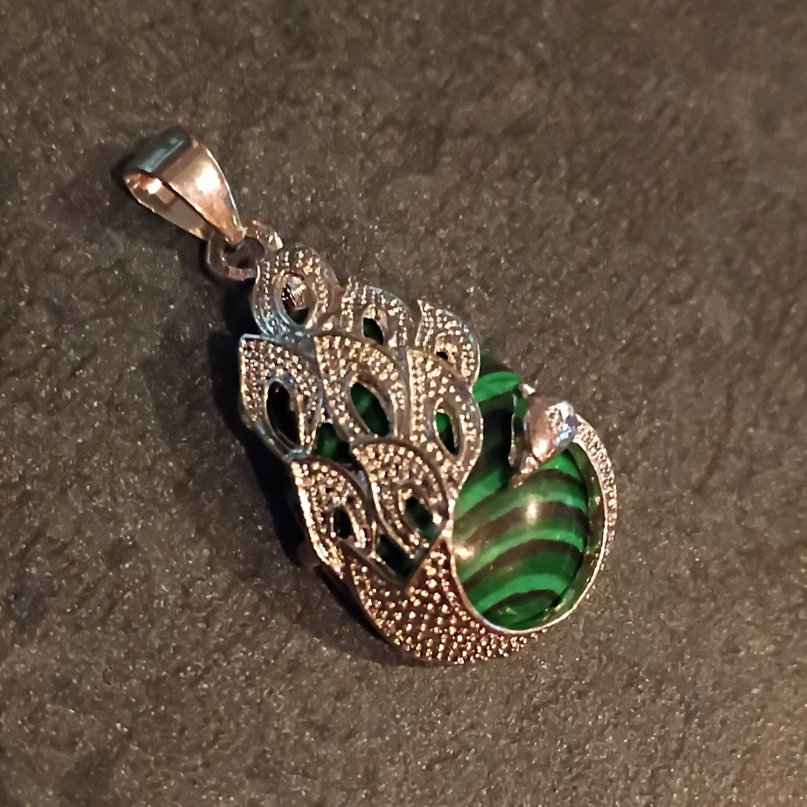 Teardrop Malachite Stone Charm Pendant Silver Tone Bezel Setting w/ Bail