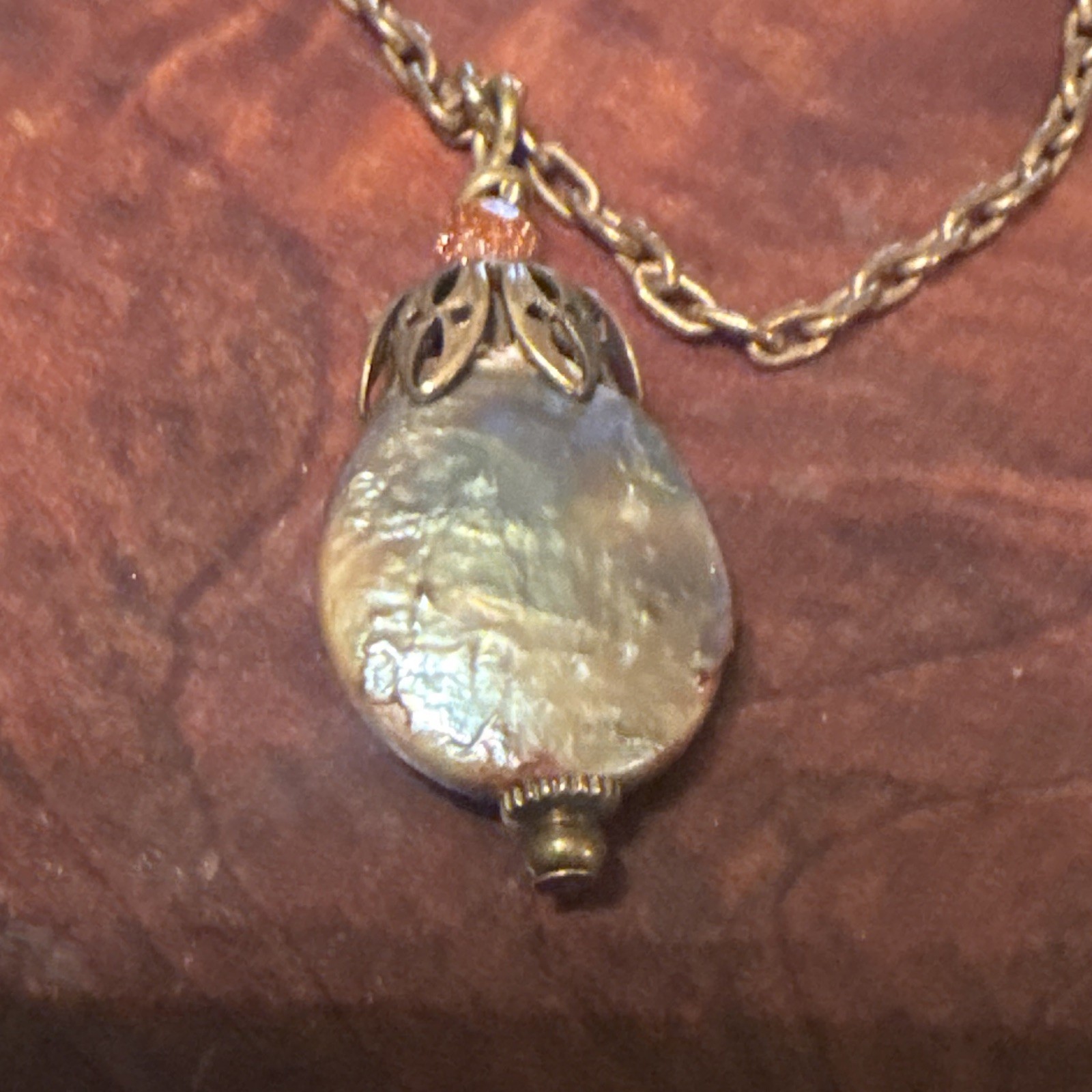 Artist made Pearl Oval Pendant & Red Crystal Stone 16 inch Necklace