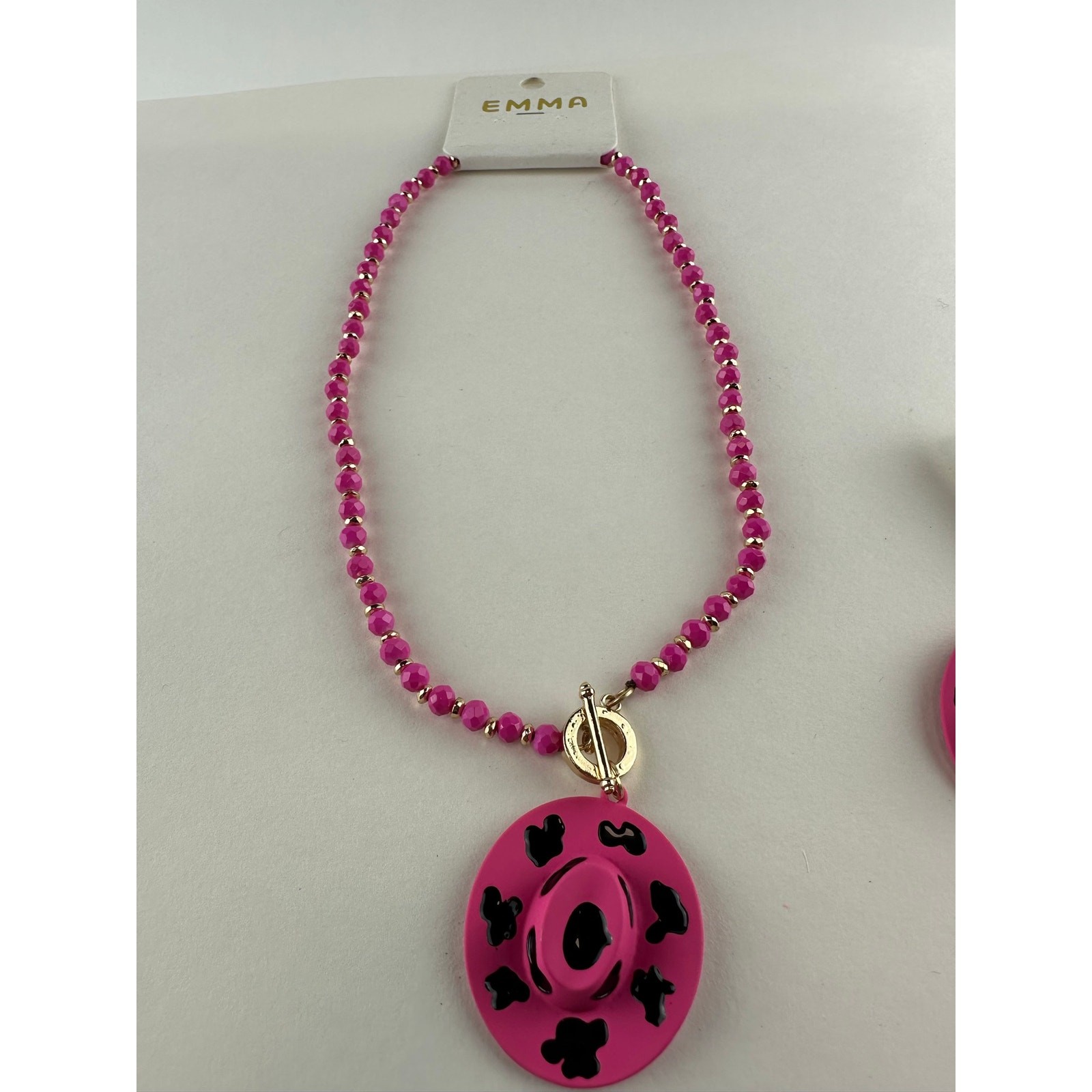 EMMA Western Pink Cow Print Cowboy Hat Pendant Necklace and Earring Set