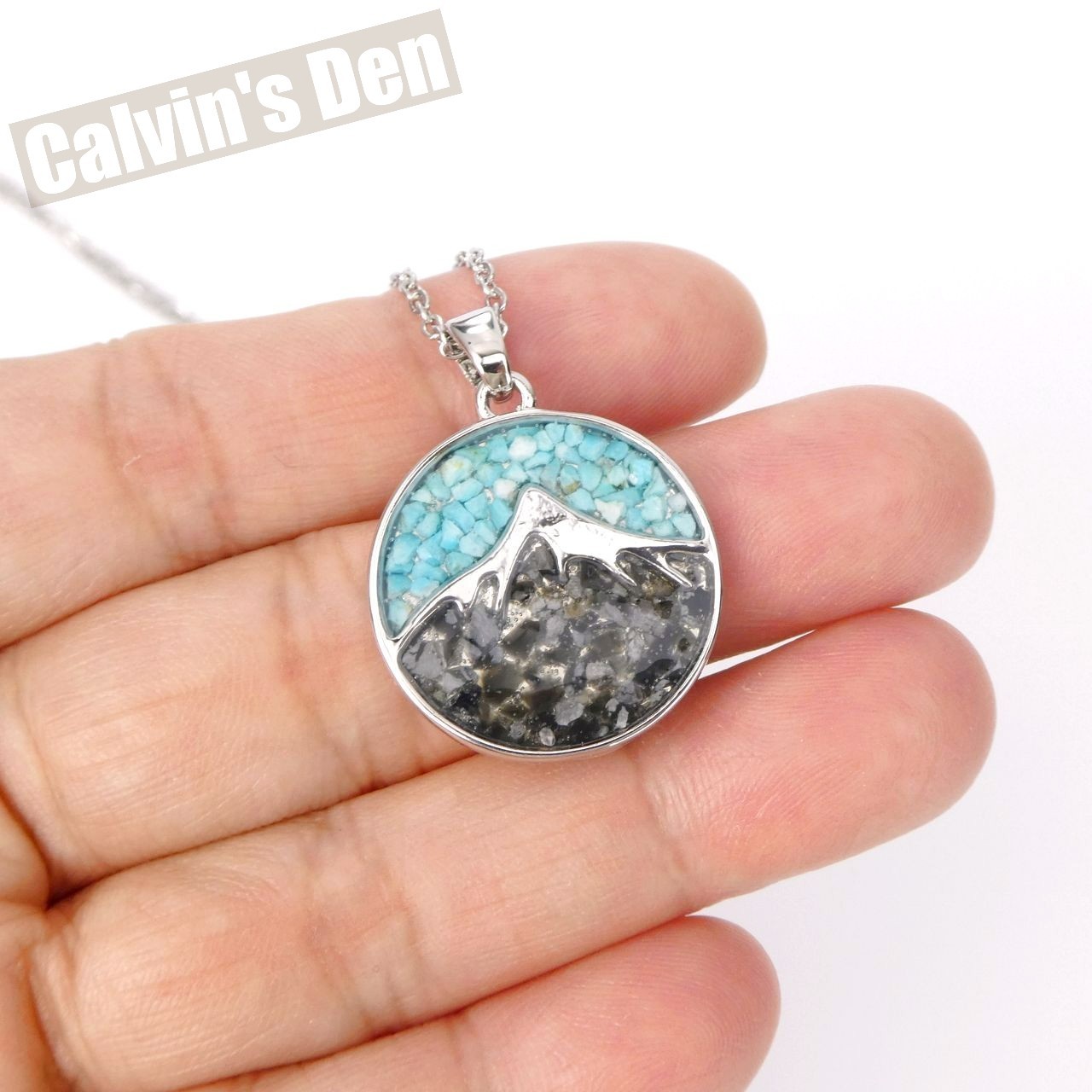 Blue Turquoise Lava Stone Chip Inlay Mountain Landscape Pendant Necklace Nature