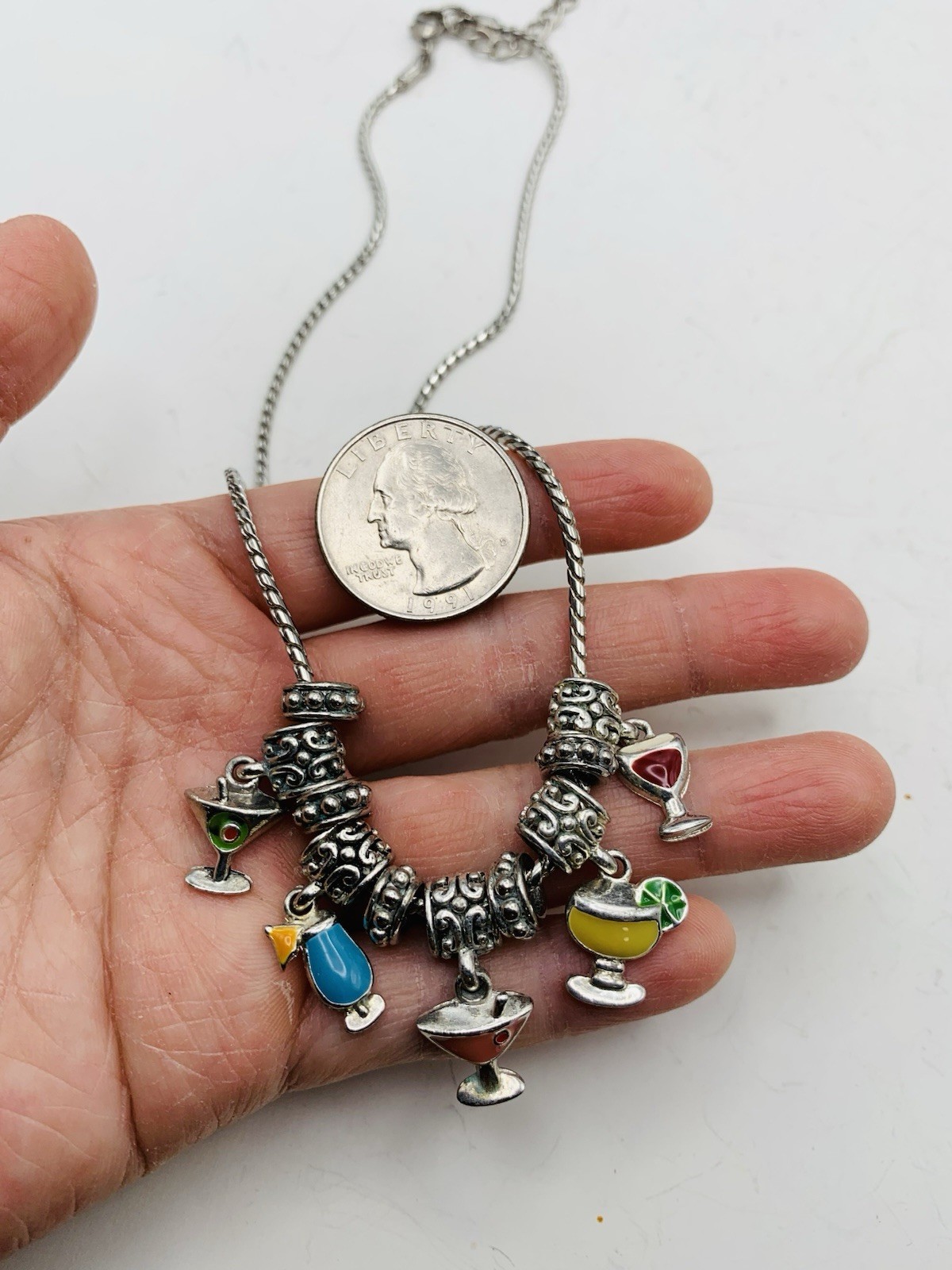 Fun Flirty Colorful Enamel Cocktails Margaritas Summer Drinks Charm 18” Necklace