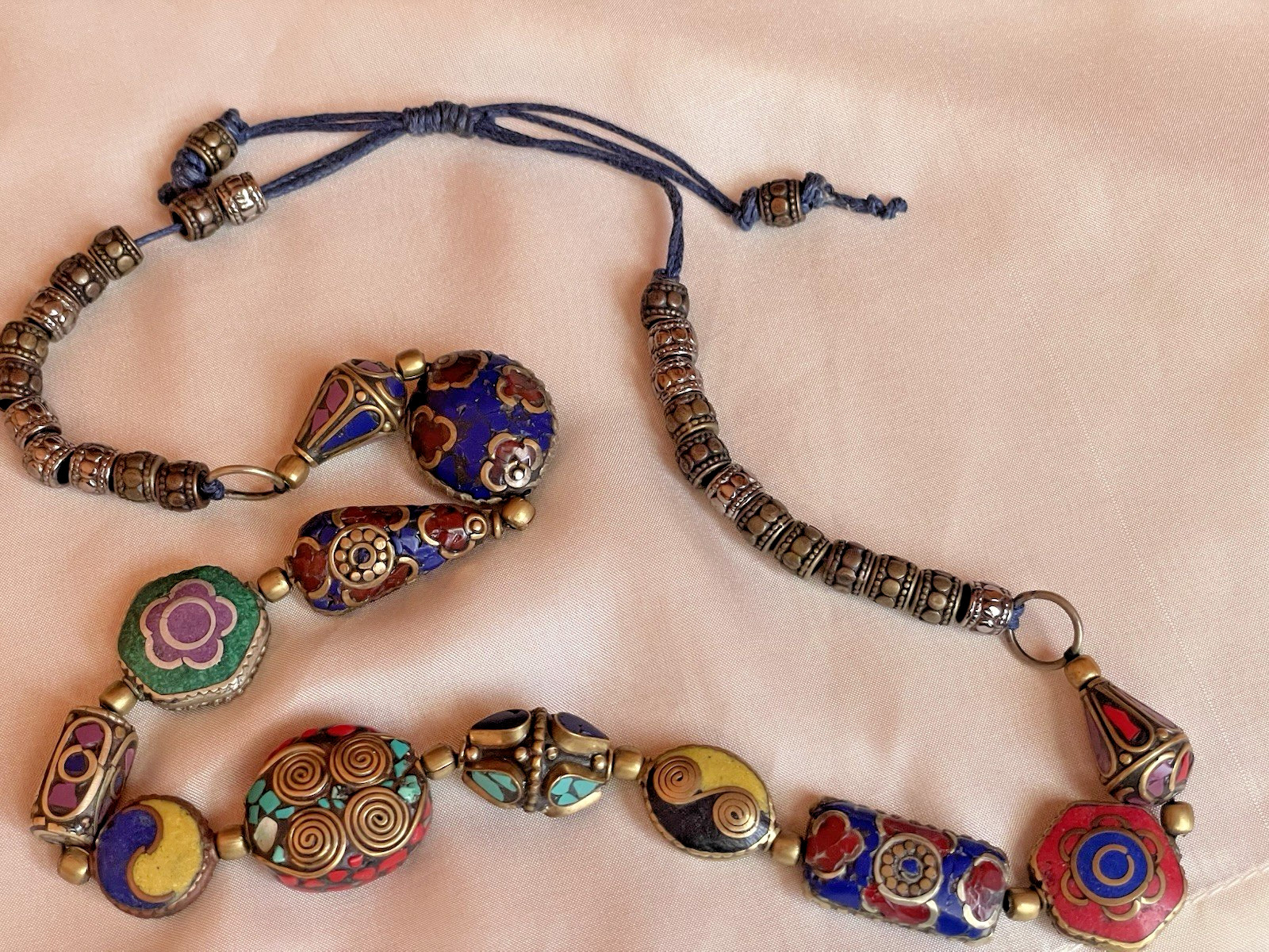 Multicolor Brass Semi Precious stones Inlay Work Nepal Bead Necklace 18” Length