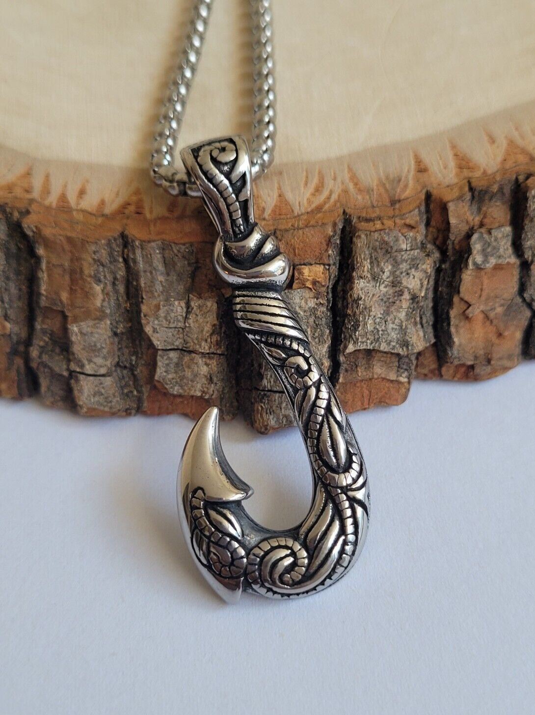 Stainless Steel Hawaiian Fishing Fishhook Fish Hook Pendant 24″ Chain Necklace