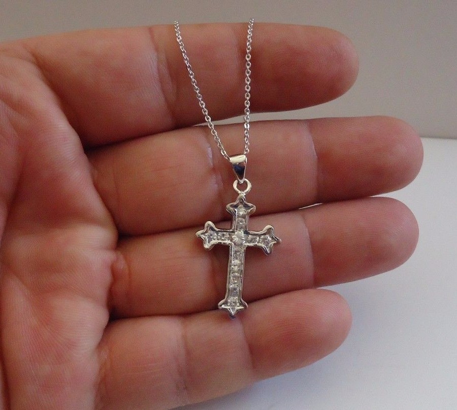 CROSS NECKLACE PENDANT 1 CT LAB CREATED DIAMONDS / 925 STERLING SILVER / 17”
