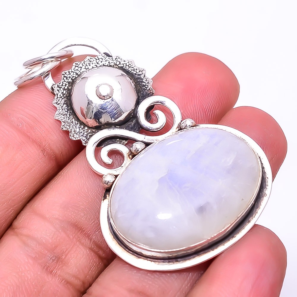 Rainbow Moonstone – India Designer Handmade 925 Sterling Silver Pendant 2.15″P11