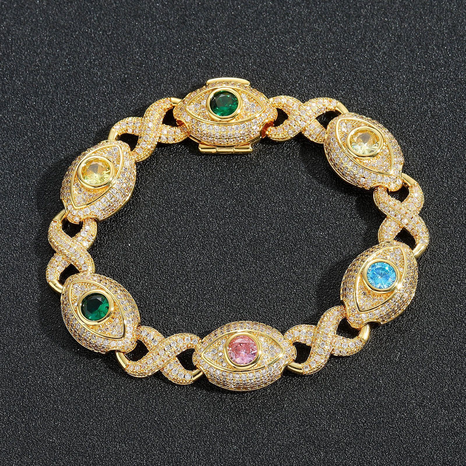 Hip Hop Colorful Eye Cuban Chain Necklace Bracelets 5A Zircon Mens Jewelry