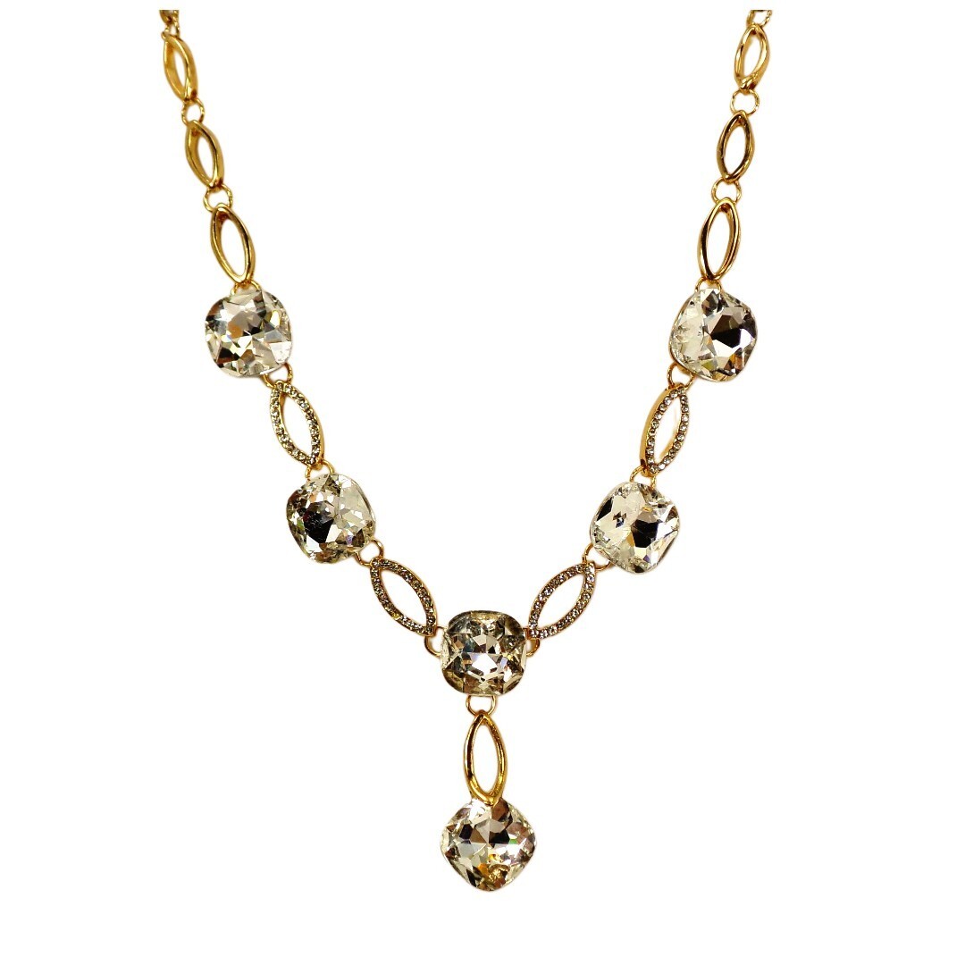 Clear crystal Y necklace with square cushion shape crystals and round crystals