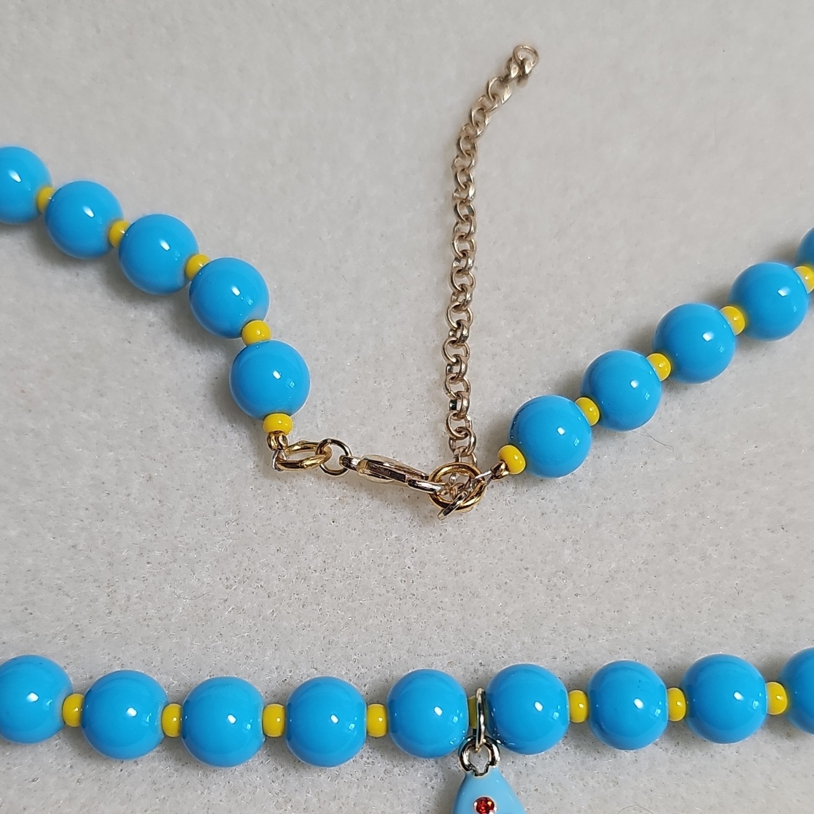 Handmade Blue & Yellow Glass Beaded Necklace w Enamel Fish Charm & Lobster Clasp