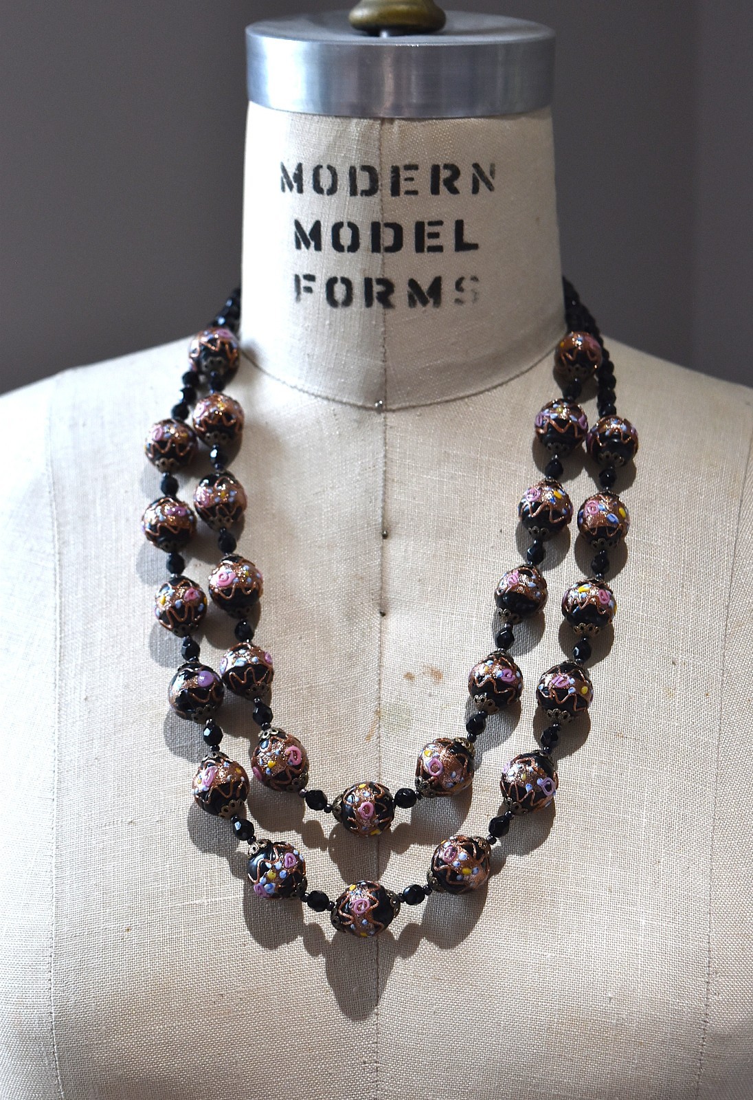 Vtg 2 Strand Venetian Murano Black Wedding Cake Glass Beaded Necklace Earrings