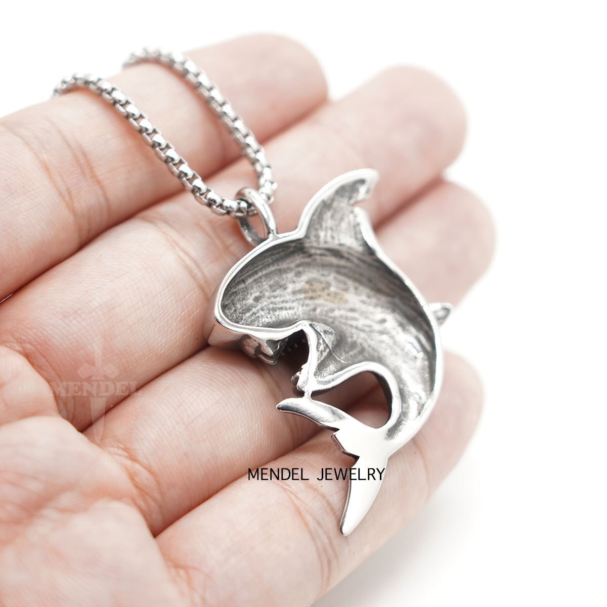 MENDEL Mens Boys Girls Shark Fish Pendant Necklace Stainless Steel Chain Set