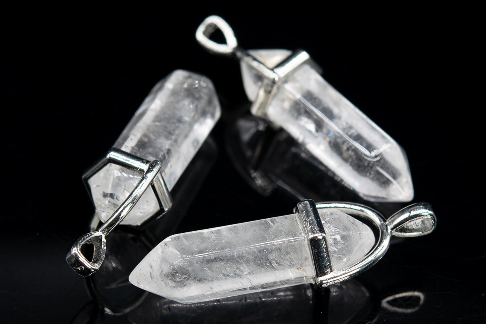 2Pcs 39x8MM Crystal Clear Quartz Hexagonal Pointed Pendant Silver Plated Cap