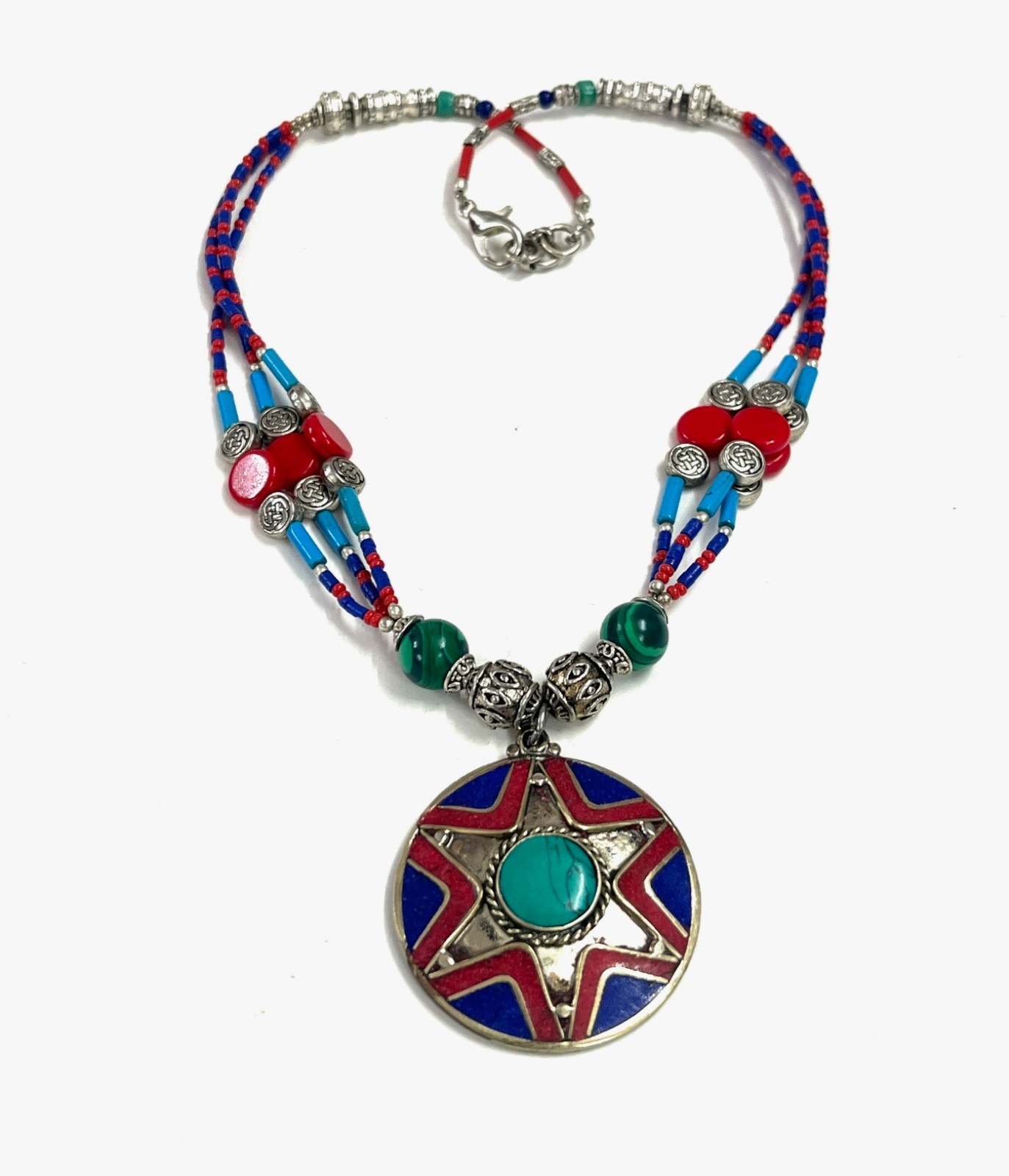 Handcrafted Lapis Coral Gemstone Tibetan Boho Necklace Jewelry, 16 Inch Adjs