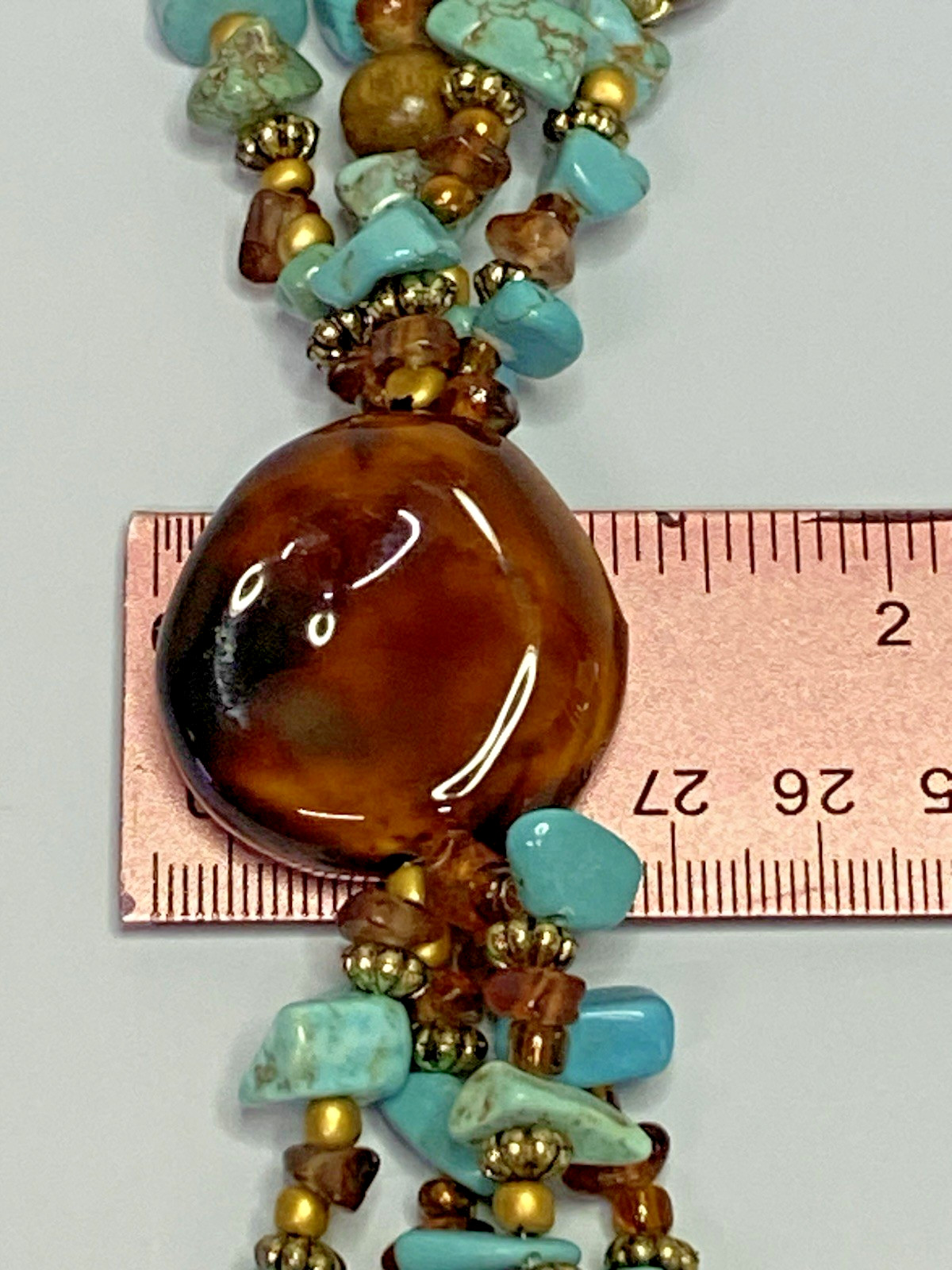 CYNTHIA GALE Turquoise Chip Multi-Strand Choker w/ Tortoise-Look Pendant 16–20in