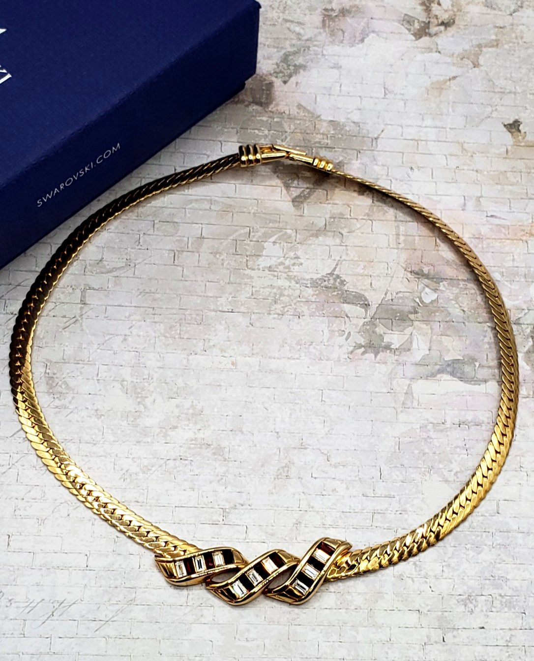 Swarovski SAL Yellow Gold Plate Red & White Colorless Crystal Necklace