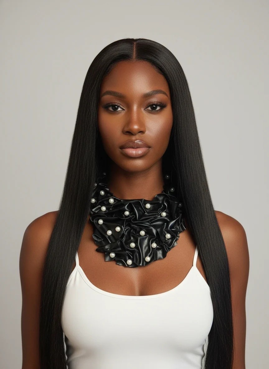 Pearl-Embellished Black Leather Ruffle Necklace – Couture Statement Jewelry