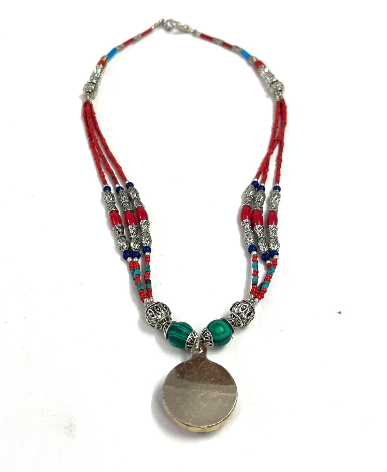 Vintage Red Coral Gemstone Tibetan Statement Necklace Jewelry, 18 inch Adjus