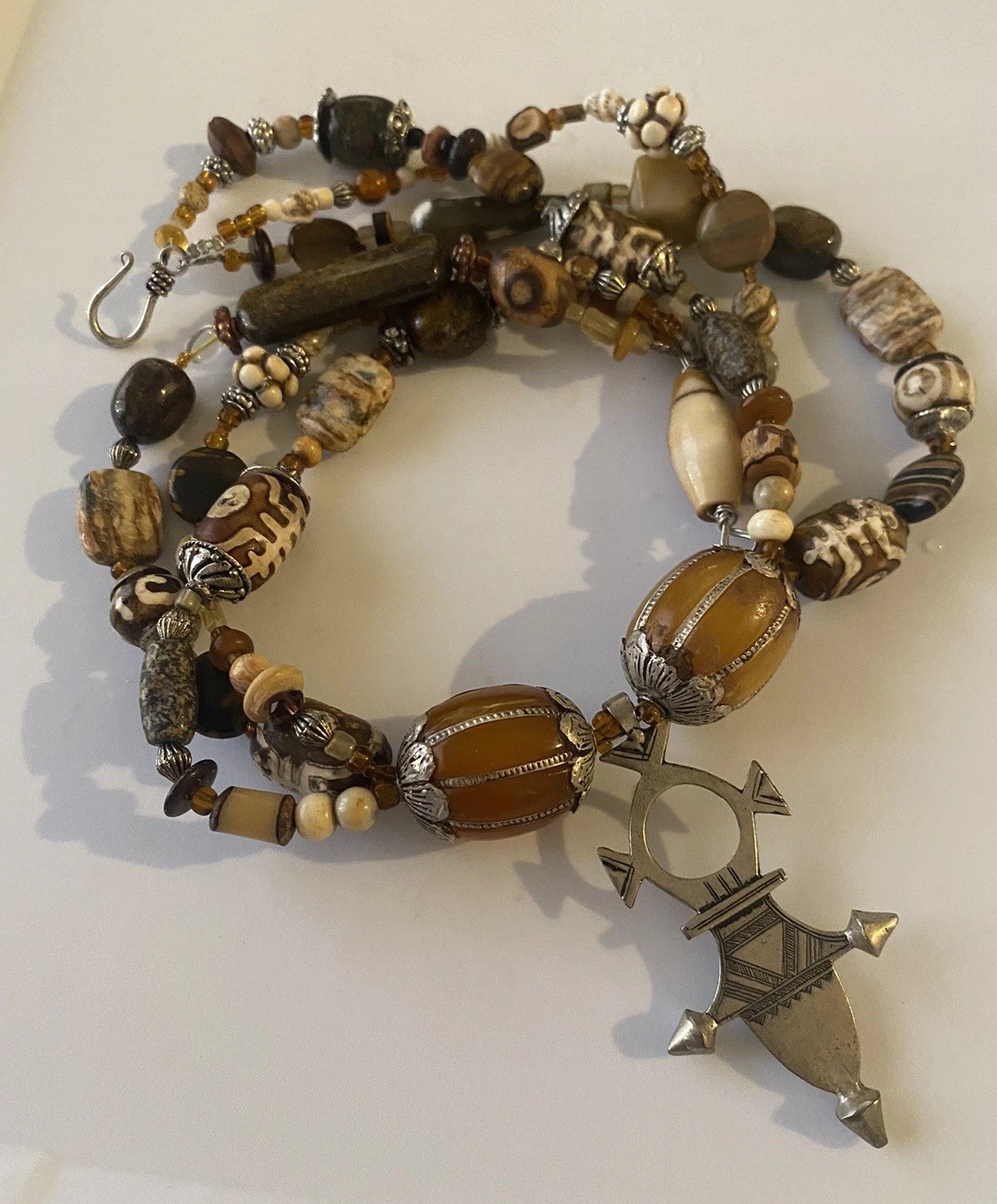 Global Trade Bead Necklace Amber Gemstone DZI Shell Glass Tuareg Cross Pendant