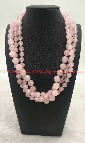 Pretty 3 Rows Natural 8+10mm Pink Jade Gemstone Round Beads Necklace 18in