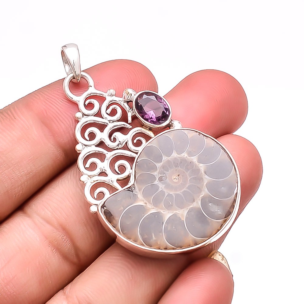 Ammonite – Fossil & Purple Amethyst – Brazil 925 Sterling Silver Pendant 2.07″