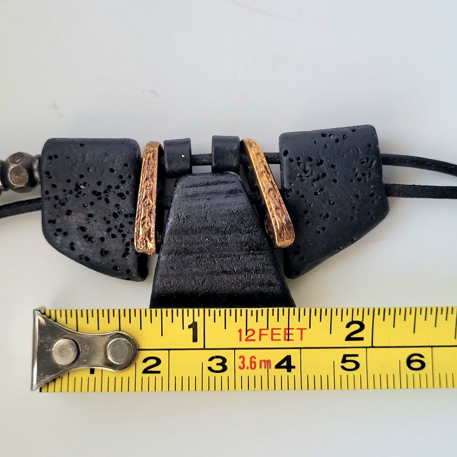 Lava Rock And Brass Accent Black Geometric Modernist Choker Collar Necklace