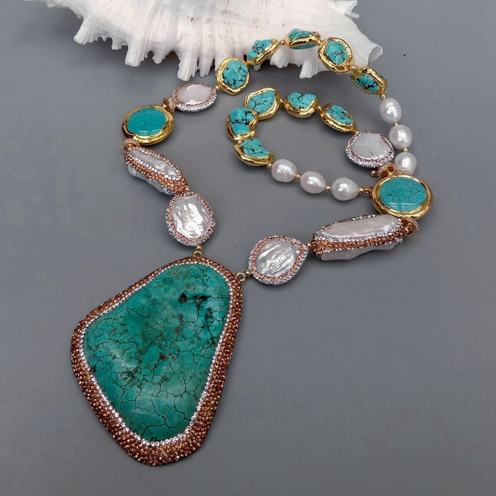 Cultured White Coin Pearl Biwa Pearl Turquoise Necklace Big Turquoise Pendant