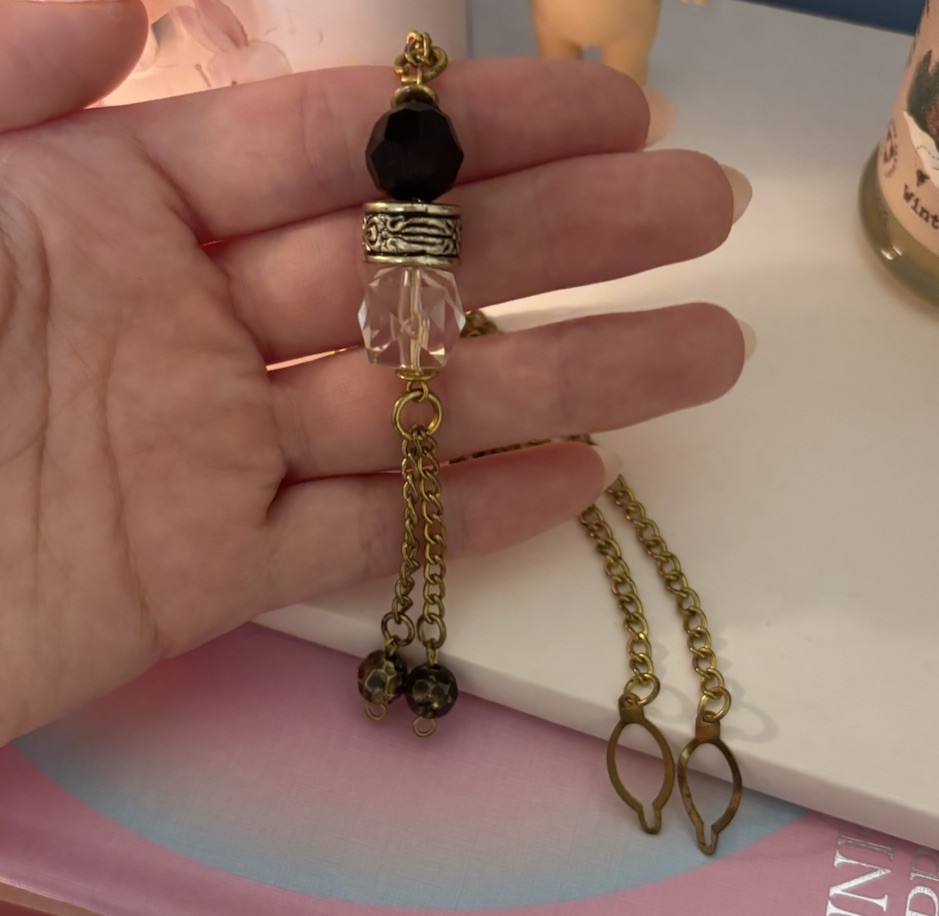 Vintage Gold Tone Necklace Black Beads Clear Crystal Tassel Pendant