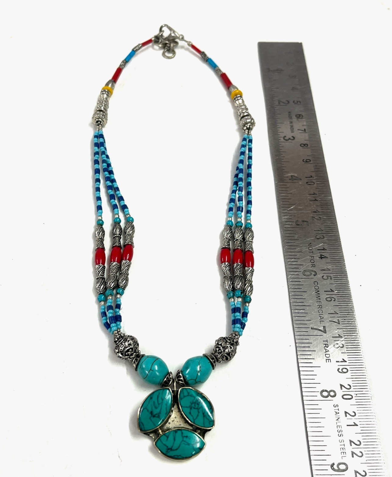 Antique Turquoise Coral Gemstone Tibetan Style Necklace Jewelry, 16 Inch Adjs