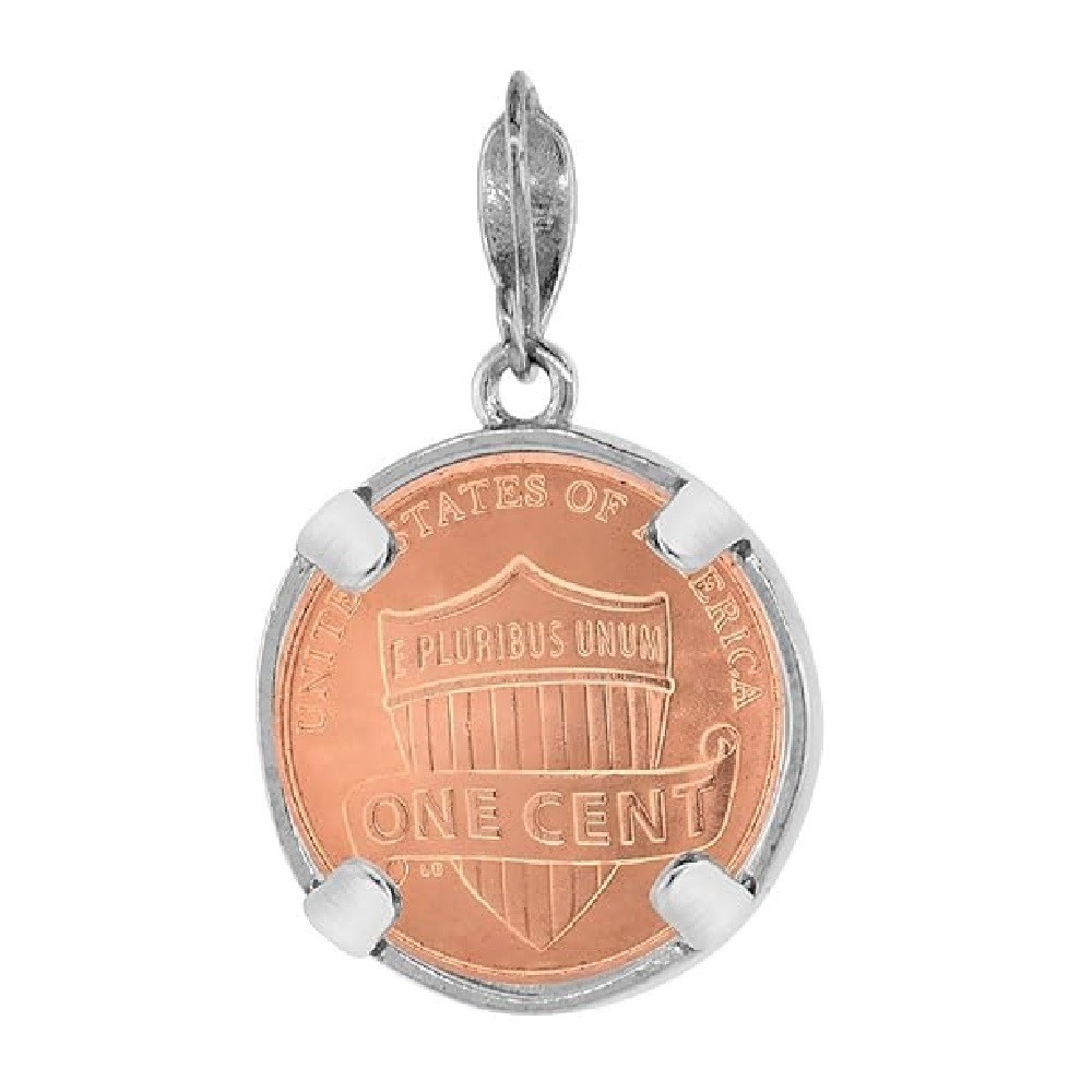 19 mm Sterling Silver Round Edge 1 Cent Coin Prong Back Bezel Pendant, Box Chain