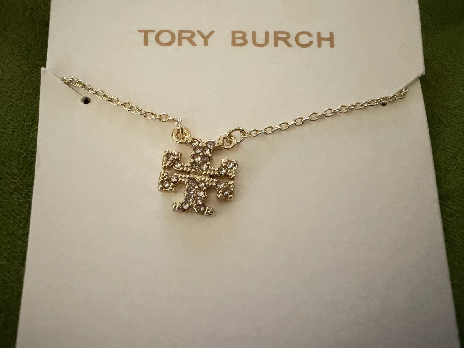 Tory Burch Crystal Logo Pendant Gold Necklace