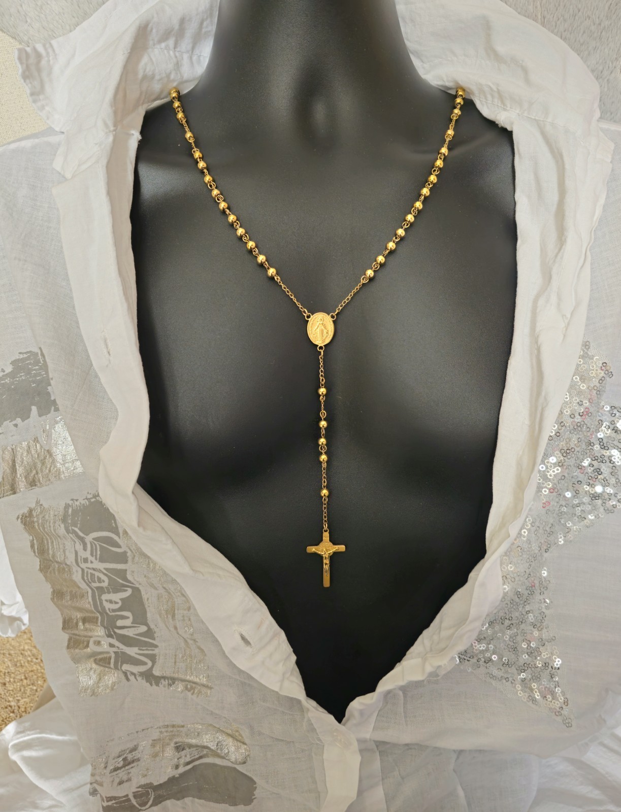 Gold Tone Stainless Steel Rosary Necklace Virgin Mary Crucifix Cross 60cm