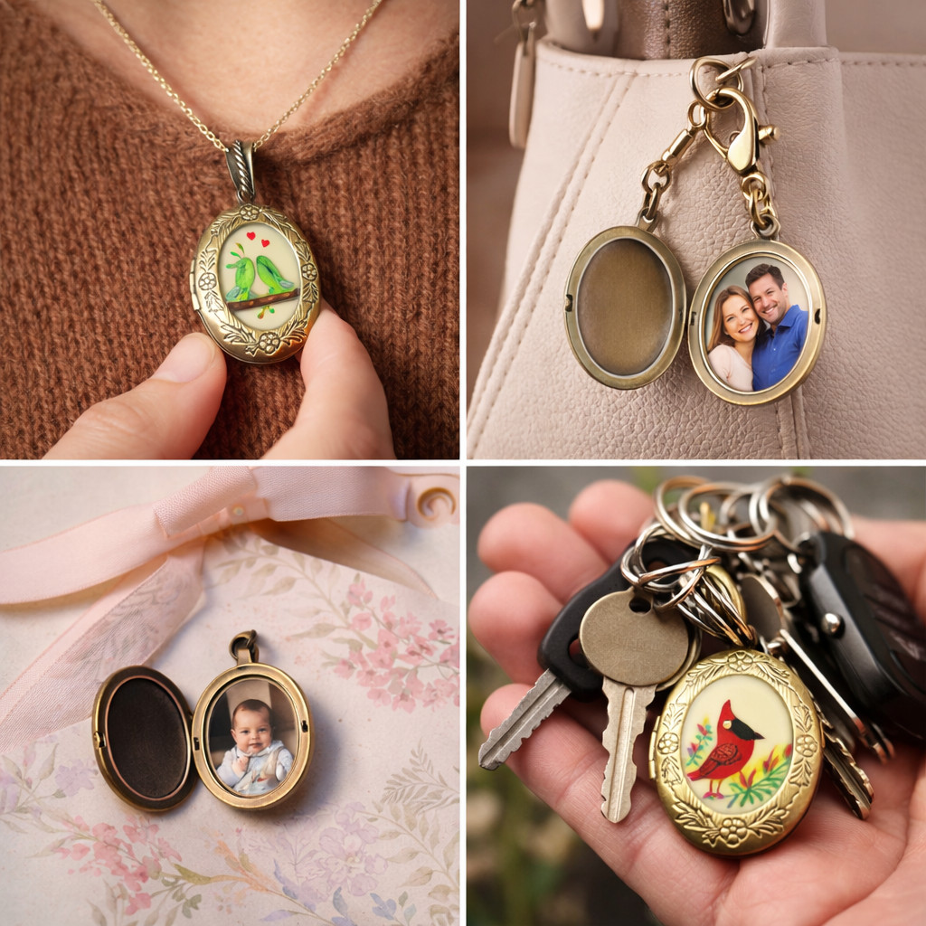 Hand Painted Bird Oval Locket Pendant Vintage Brass Floral Photo Frame Mix 4
