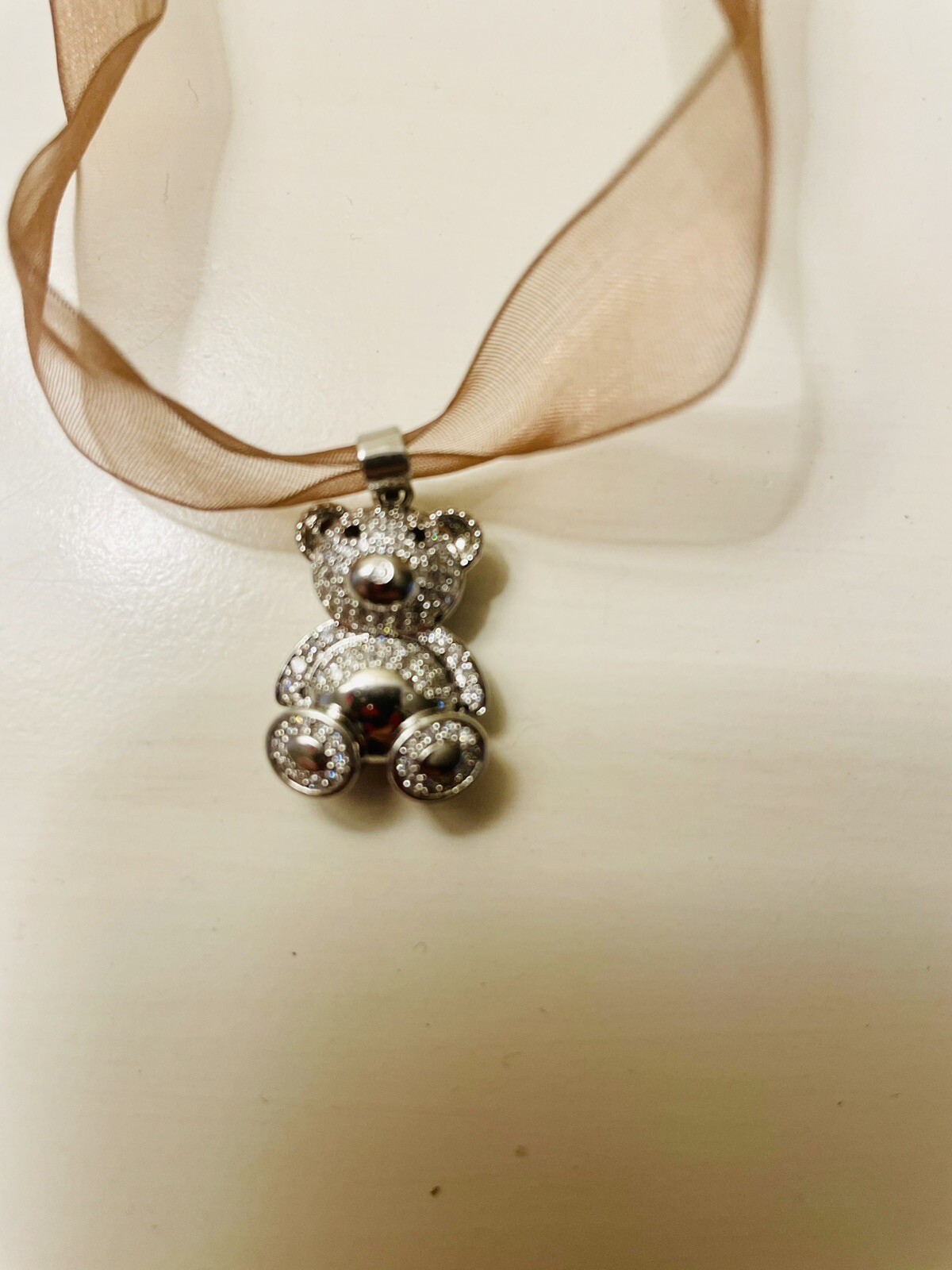 Teddy Bear Necklace CZ Bear on Brown Silk Ribbon Sterling Silver Clasp New