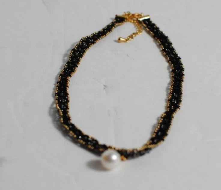 Black & Gold Mesh Dainty Choker Necklace with Faux Pearl 5.5 in Across