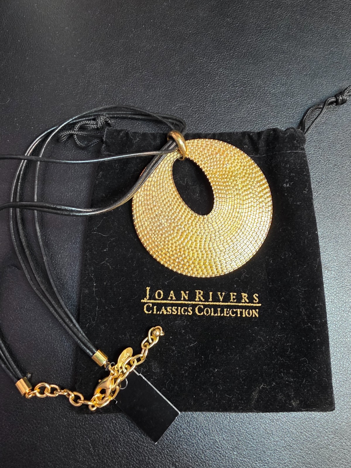 NWT Joan Rivers Large Gold Tone Medallion on Leather Cord Necklace 21 Inch