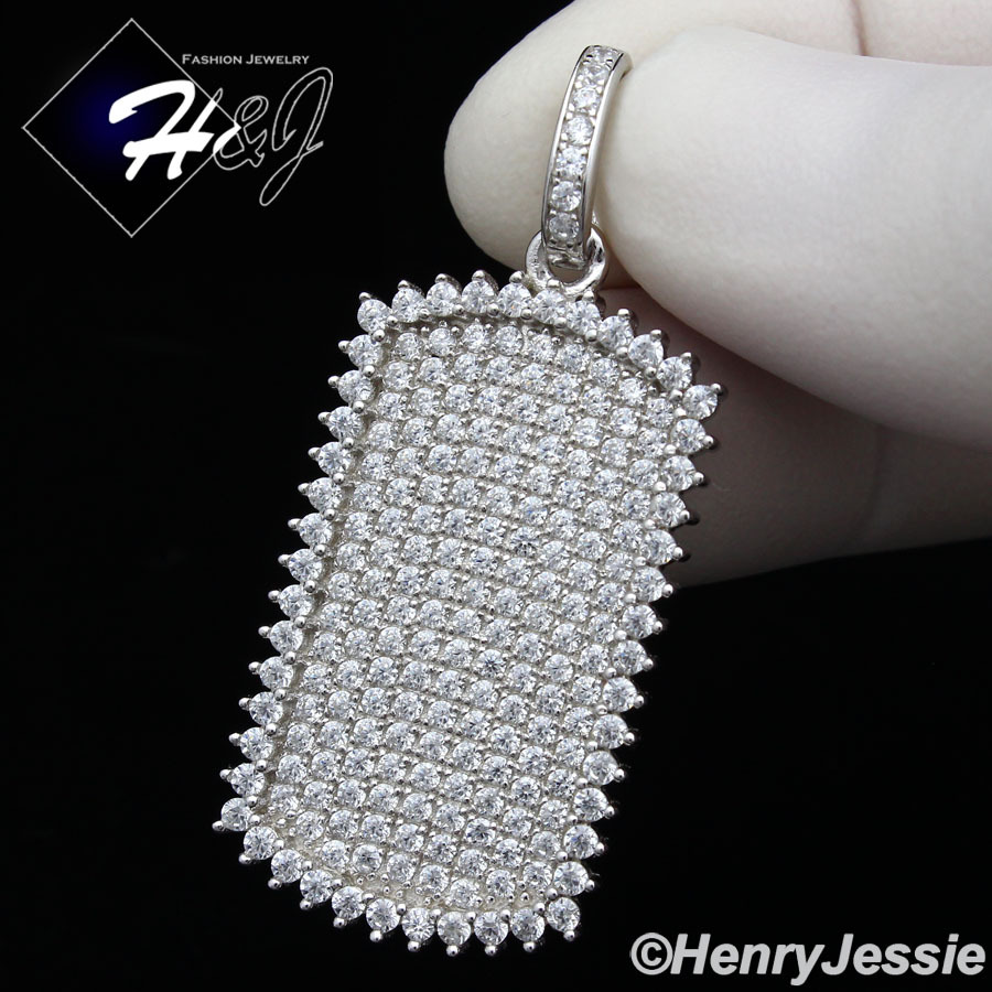 MEN SOLID 925 STERLING SILVER ICED BLING CUBIC ZIRCONIA DOG TAG PENDANT*SP164