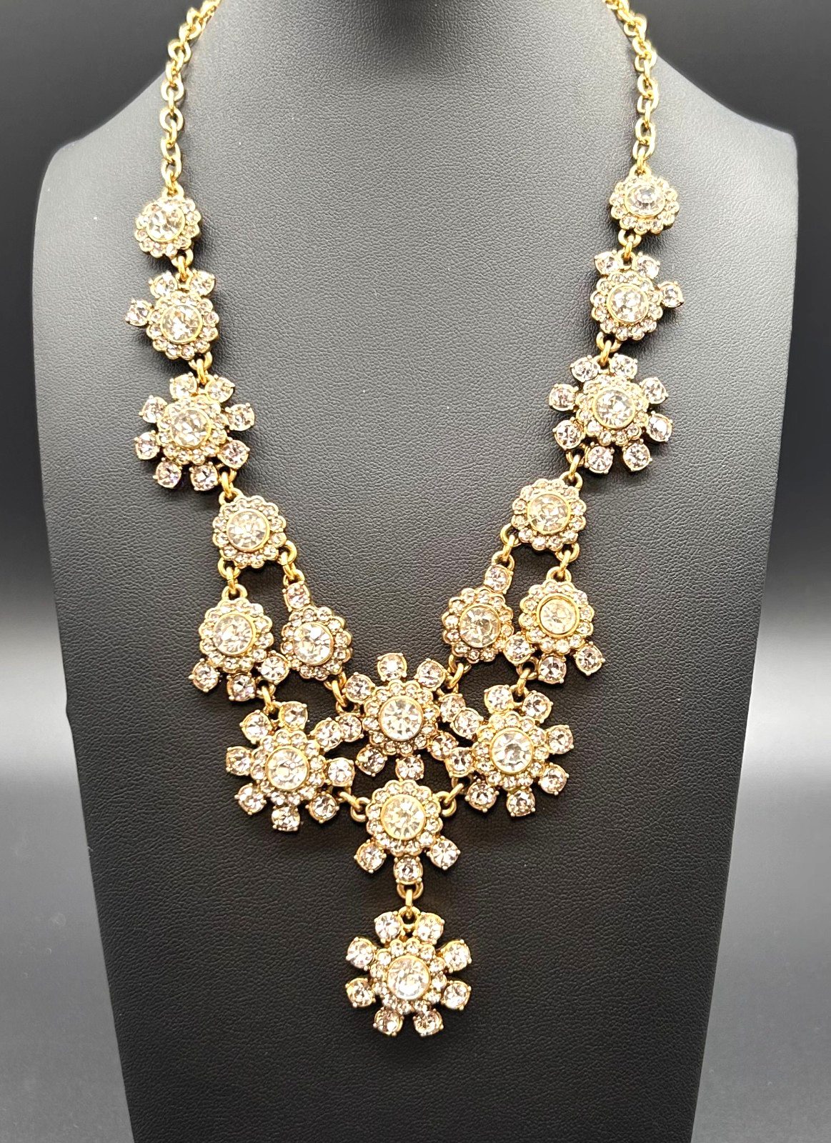 J Crew Crystal Flower Statement Necklace Gold Tone Rhinestone Floral Bib Signed