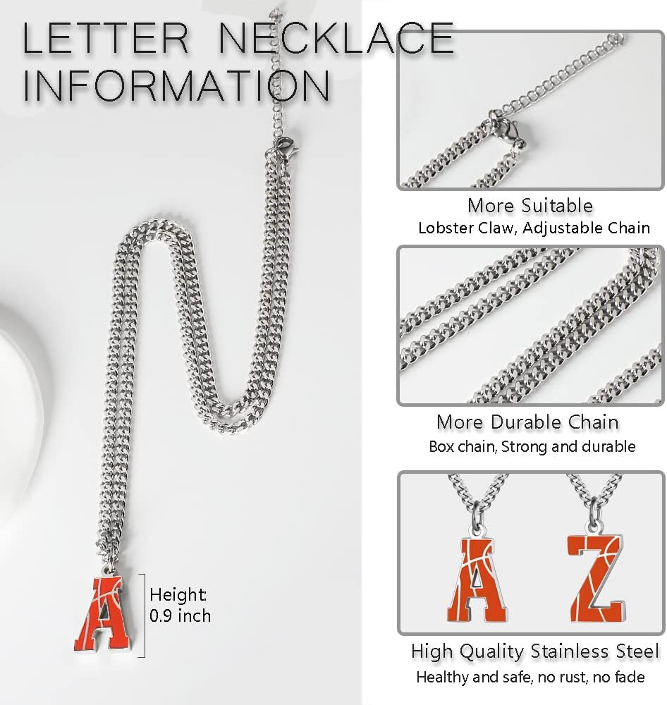 Basketball Letter Necklace – Men’S Basketball Charm Pendant, Stainless Steel Sil