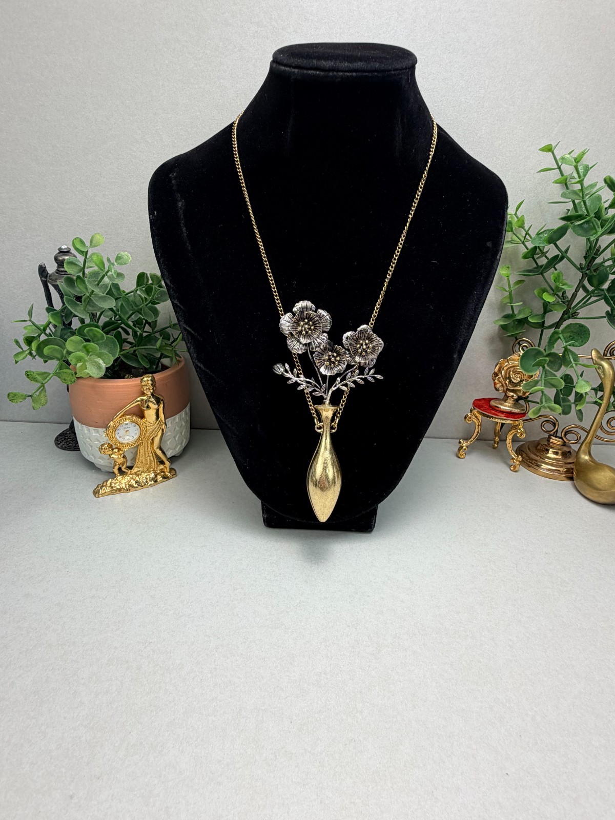 Zara Floral Vase Pendant Necklace Silver And Gold Runway Statement Chic NWOT