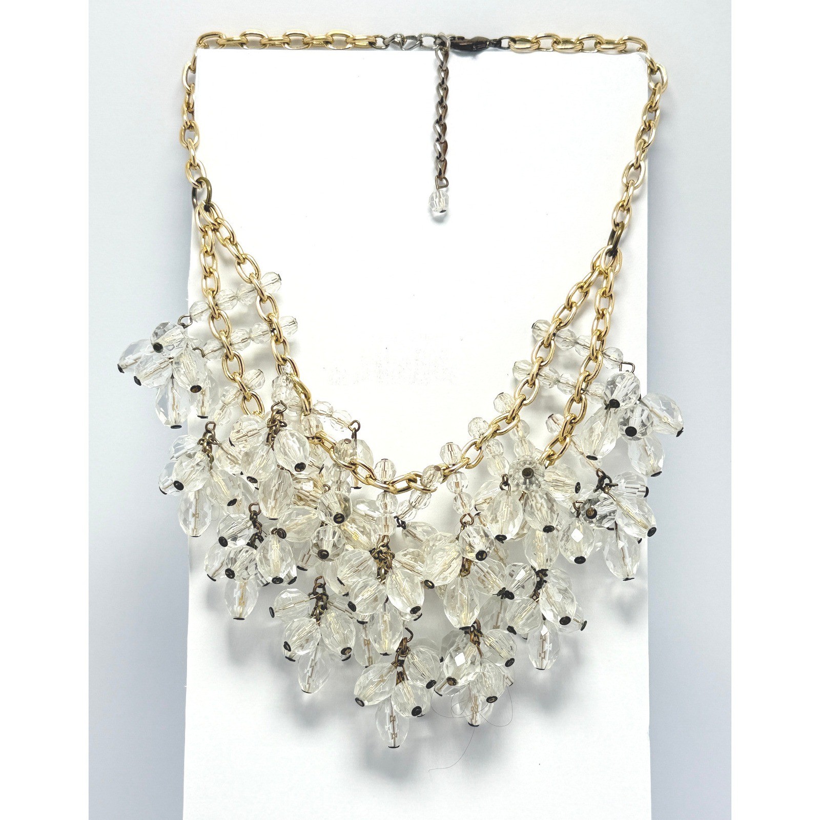 Clear Faceted Bead Cluster Bib Necklace Gold Tone Statement 18 Inch