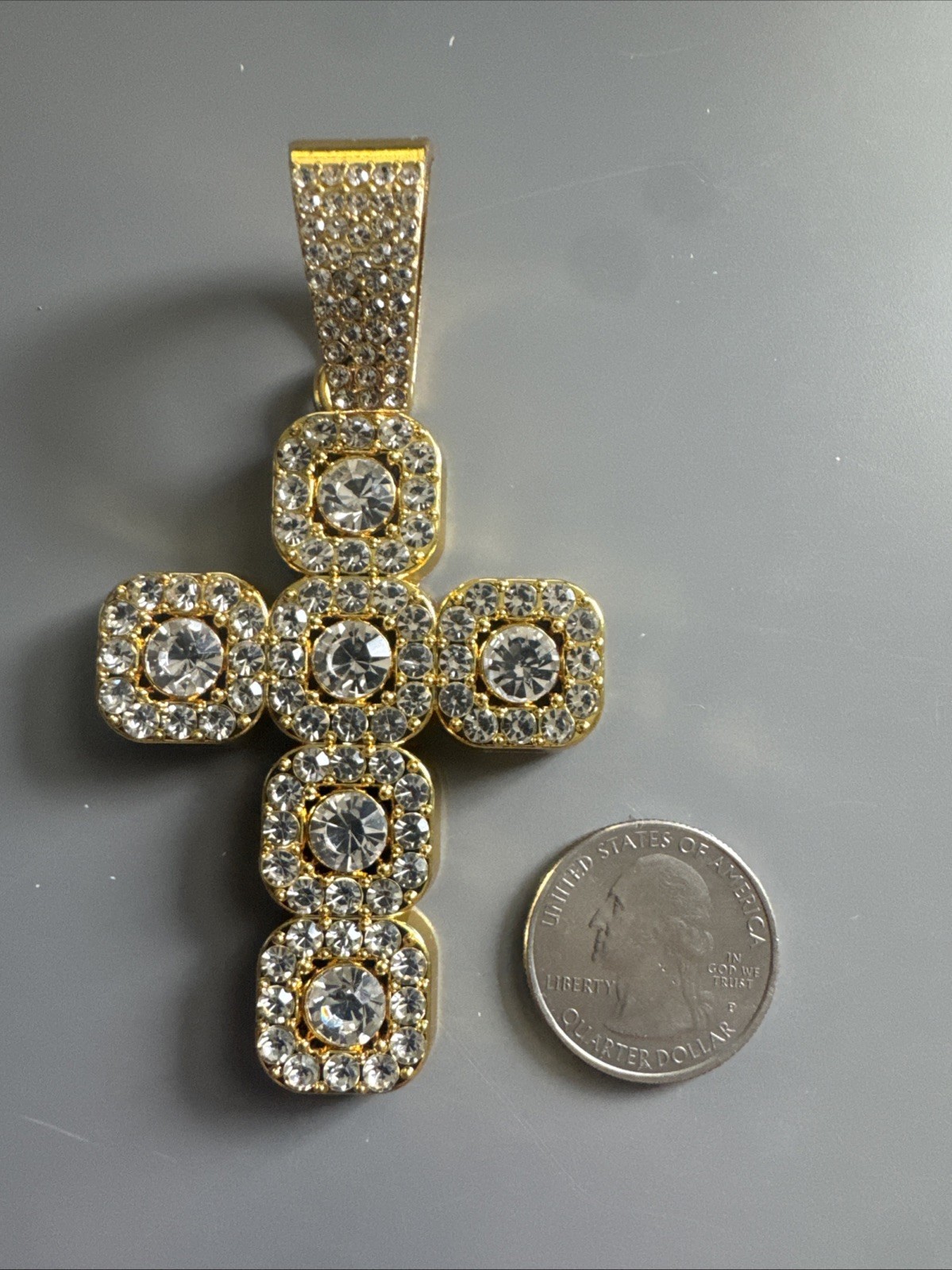 Gold Plated Cross Pendant Cubic Zirconia 24 Inch Necklace Unisex Hip Hop Gift
