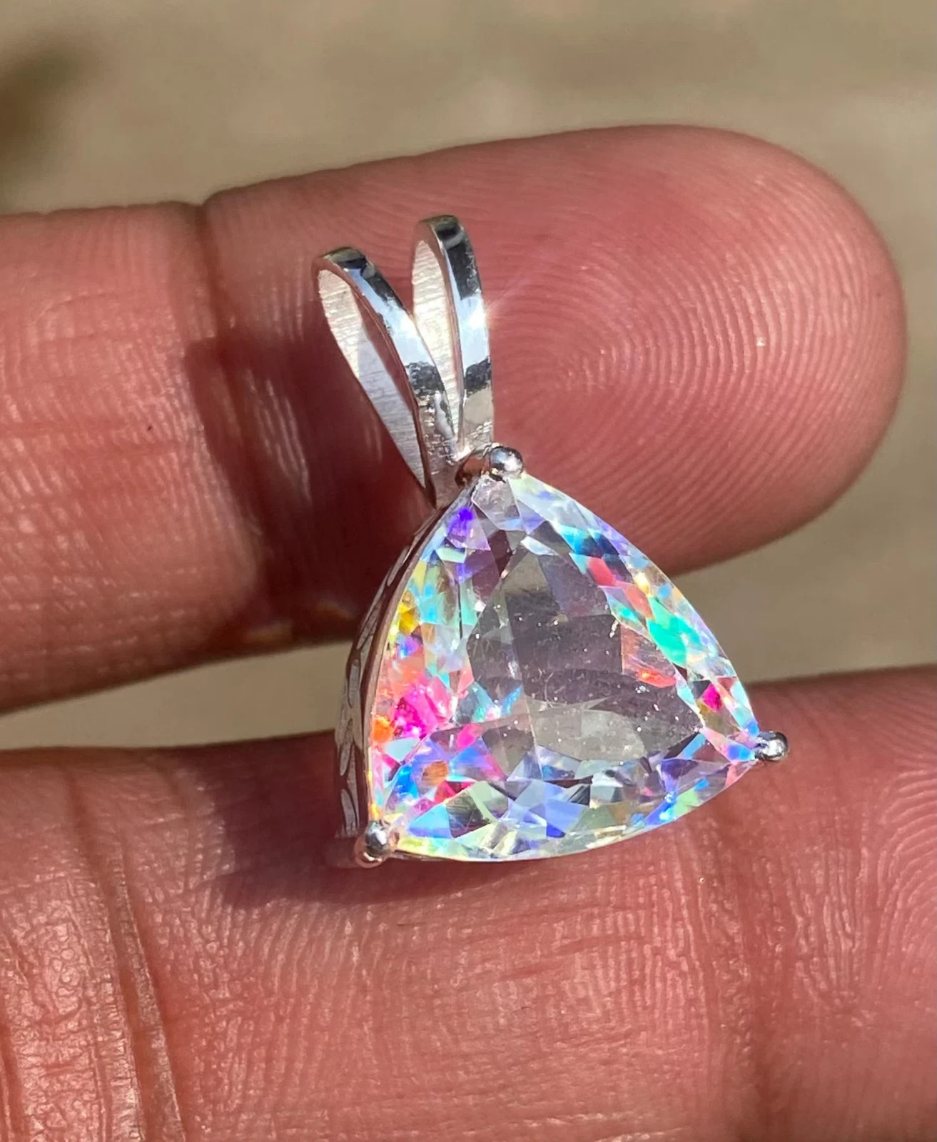 Magical Trillion Cut Mystic Topaz 35 Ct Sterling Silver Rainbow Pendant Gemstone