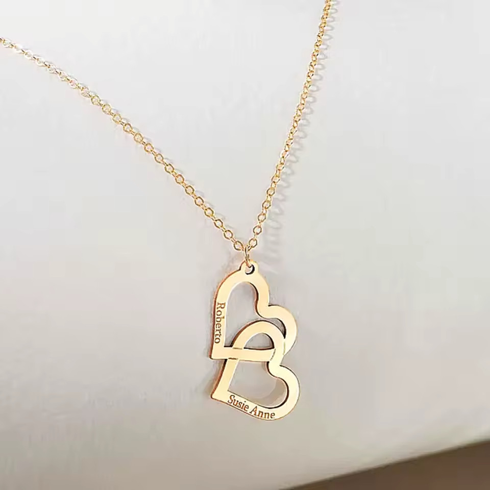 Custom Double Name Couple Necklace Pendant Jewelry Engraved Hearts Anniversary