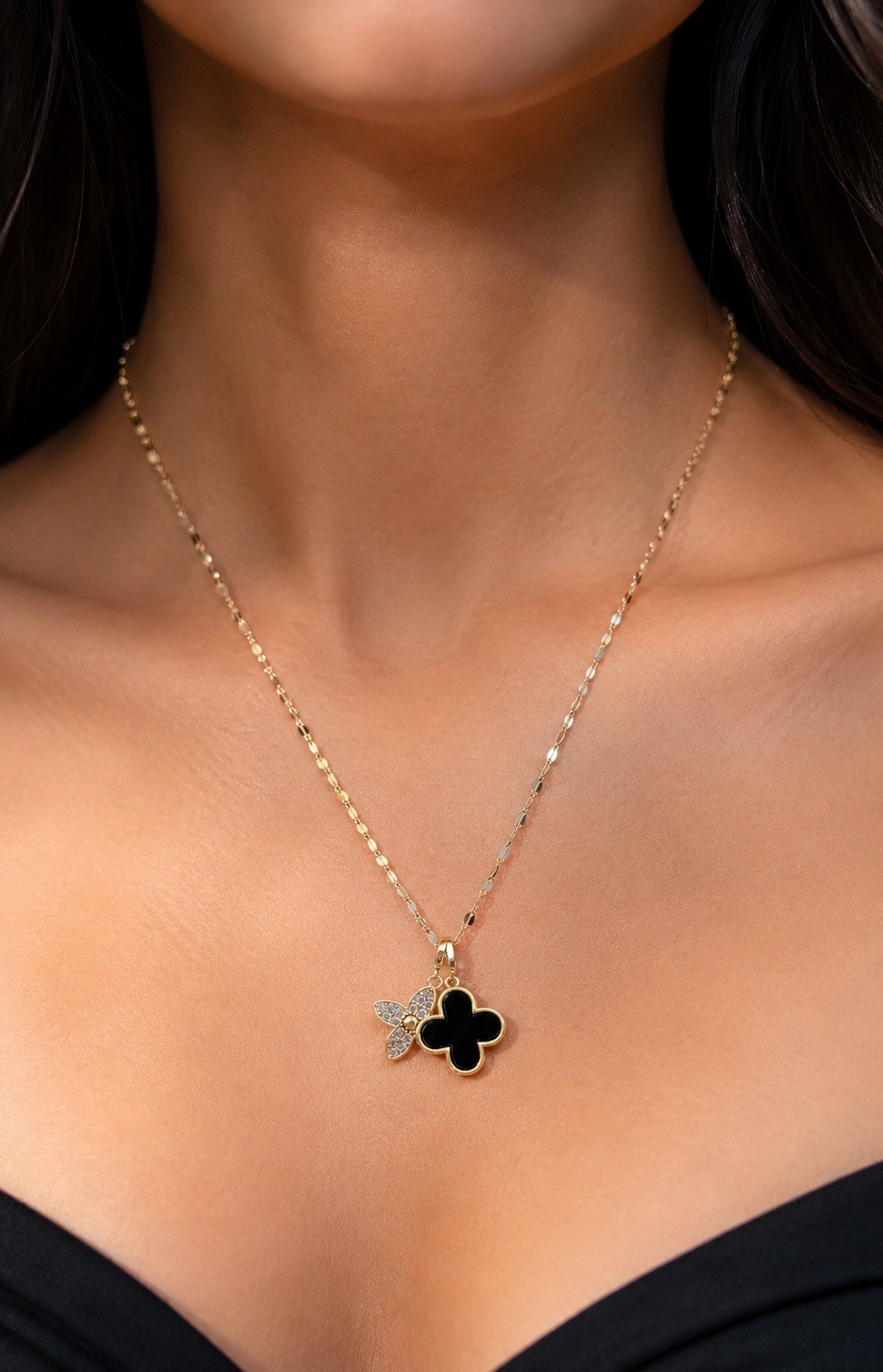Gold Tone Yellow Gold Cable Chain Necklace w/ Black Clover Charm & Flower Charm